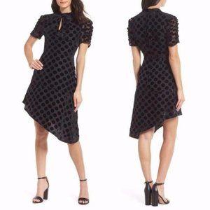 Chelsea28 Asymmetrical Hem Velvet Polka Dot Dress - size Medium in Black